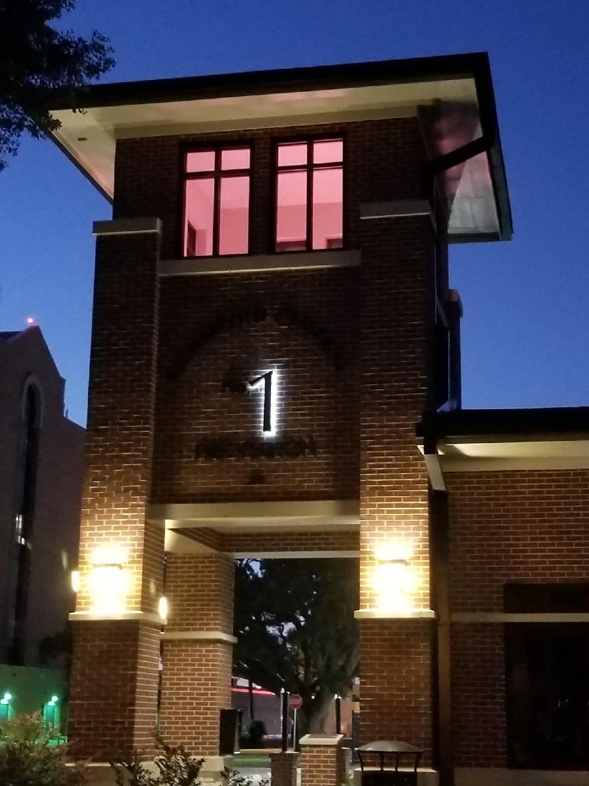 Tower lit pink Breast Cancer Aware