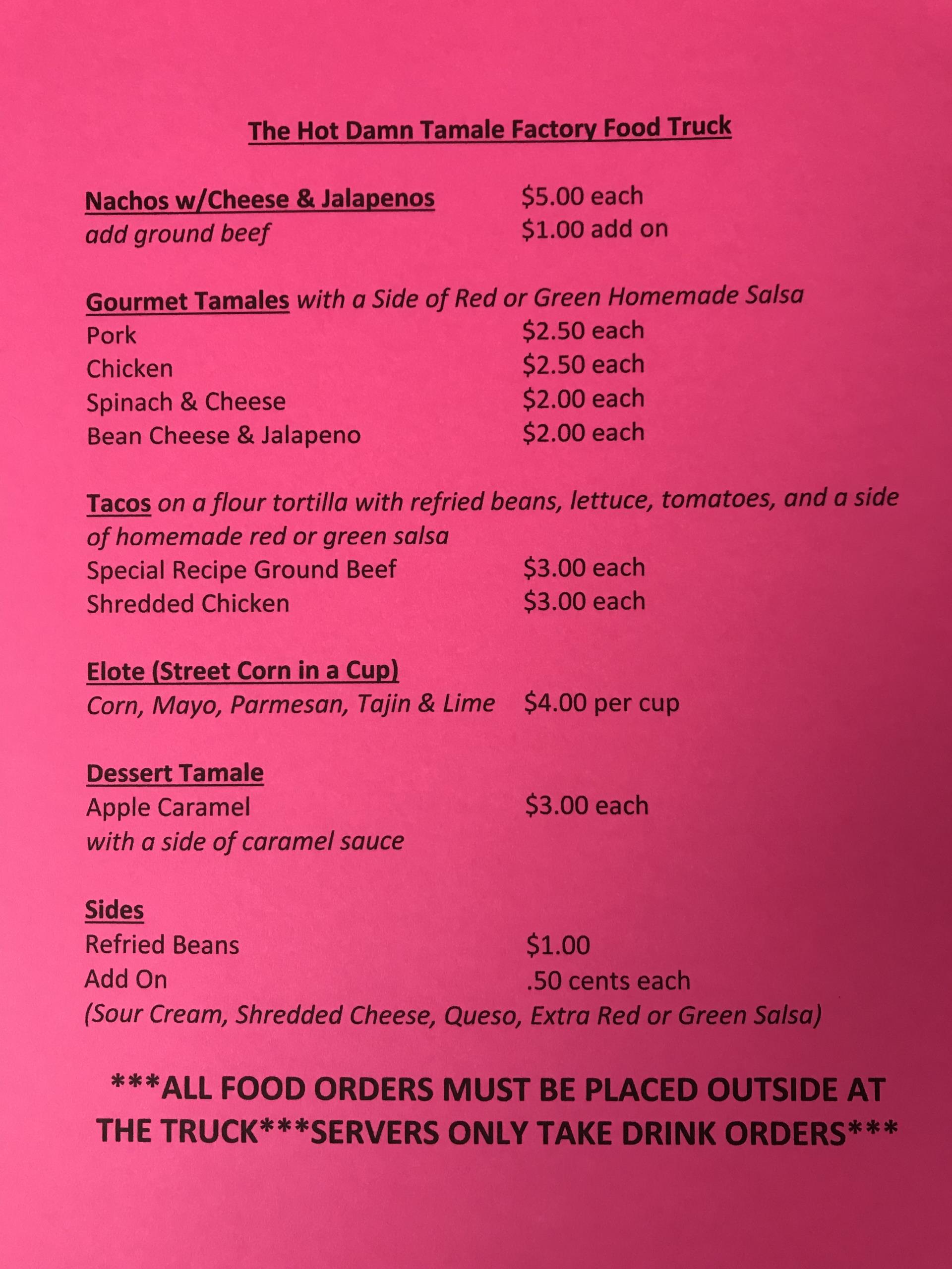 Hot Tamale Factory Food Truck Menu