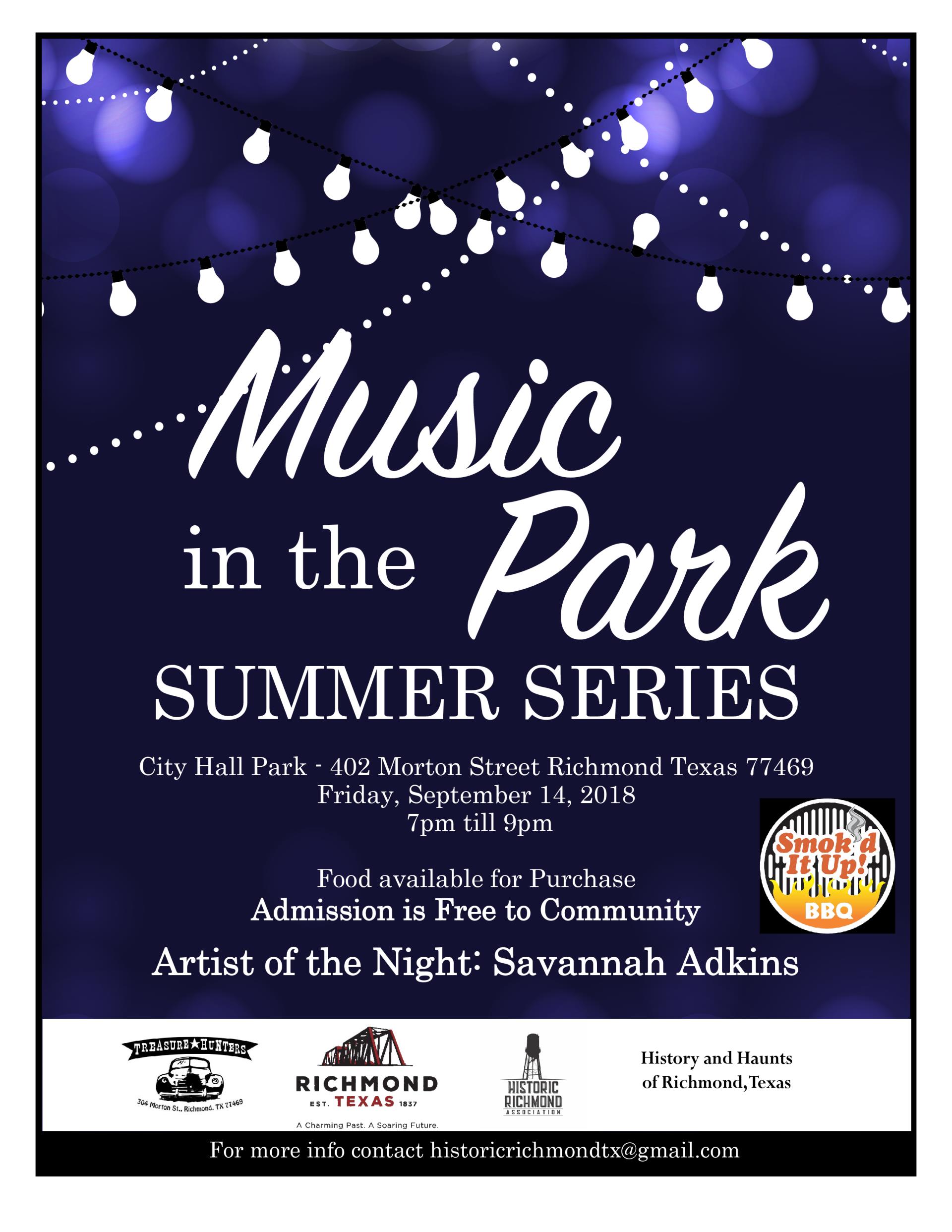 September 2018 Music In The Park Savannah Adkins flyer