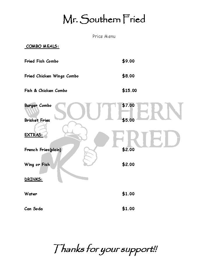 Mr. Southern Fried Food Truck Menu