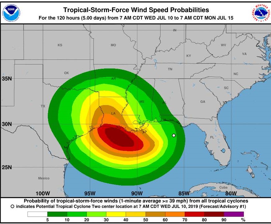 Tropical Storm Barry-Briefing (2)wind probability image