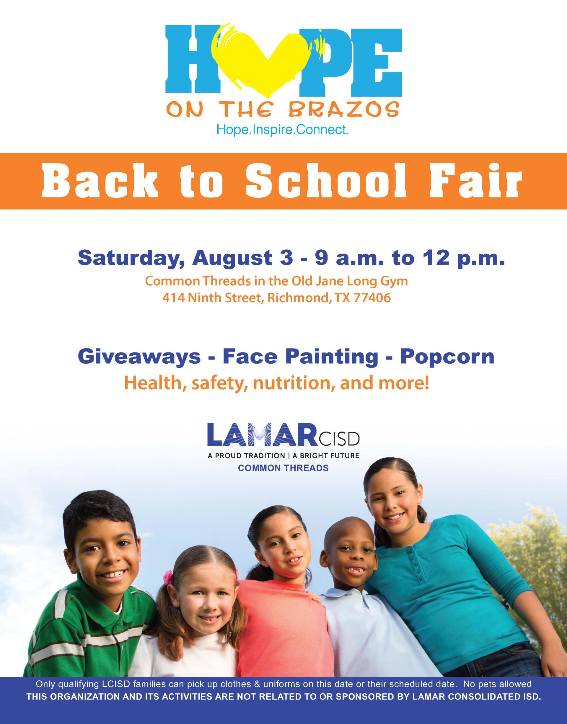 Hope On The Brazos 2019 Back to school fair flyer