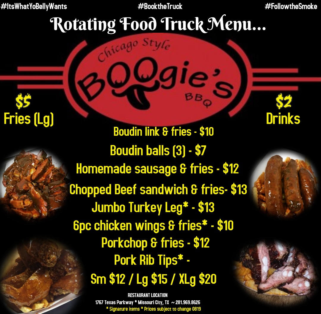 Boogies AUGUST 2019 Food Truck Menu