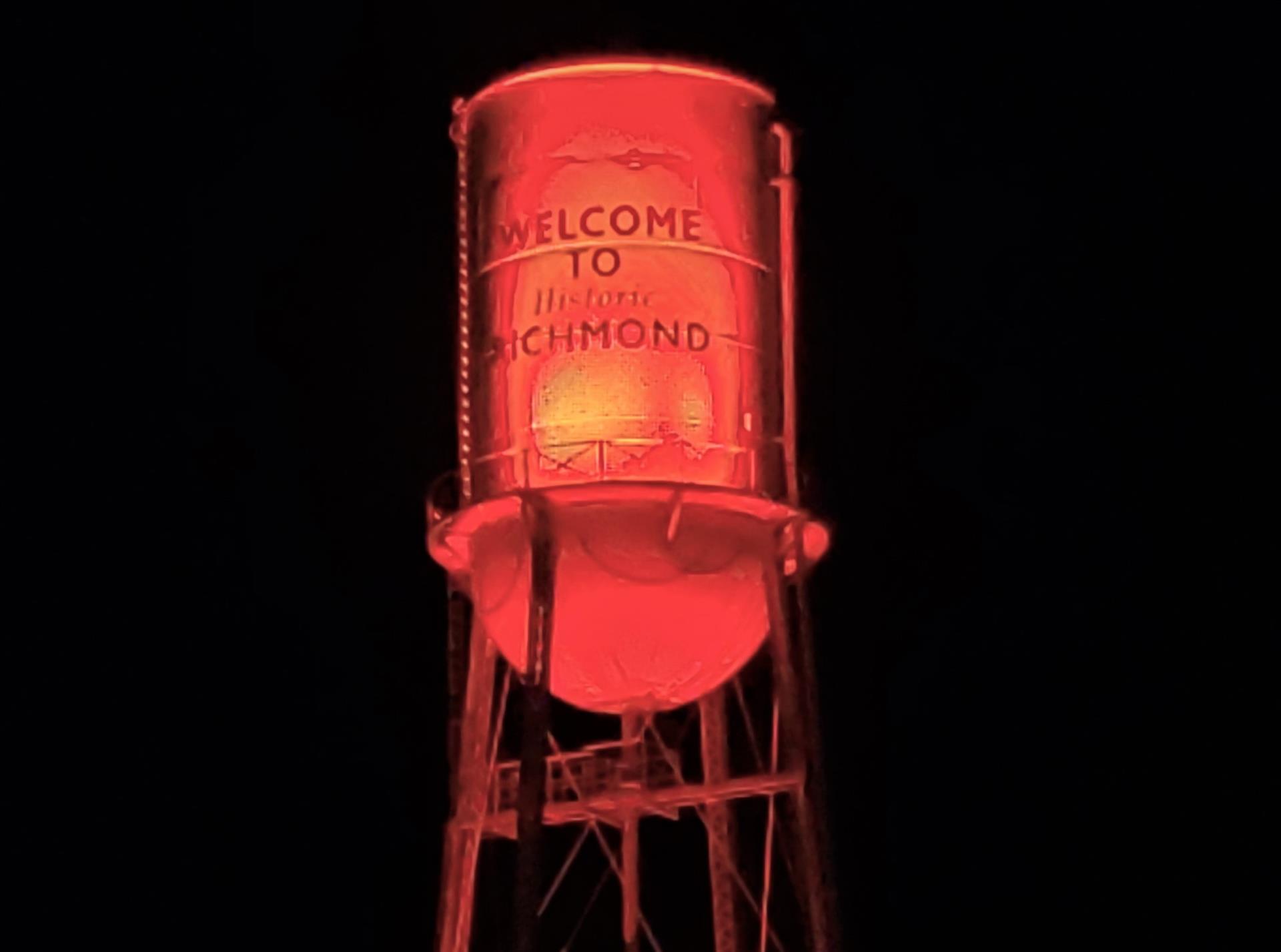 Water tower lit Red for Blood Cancer- horizontal