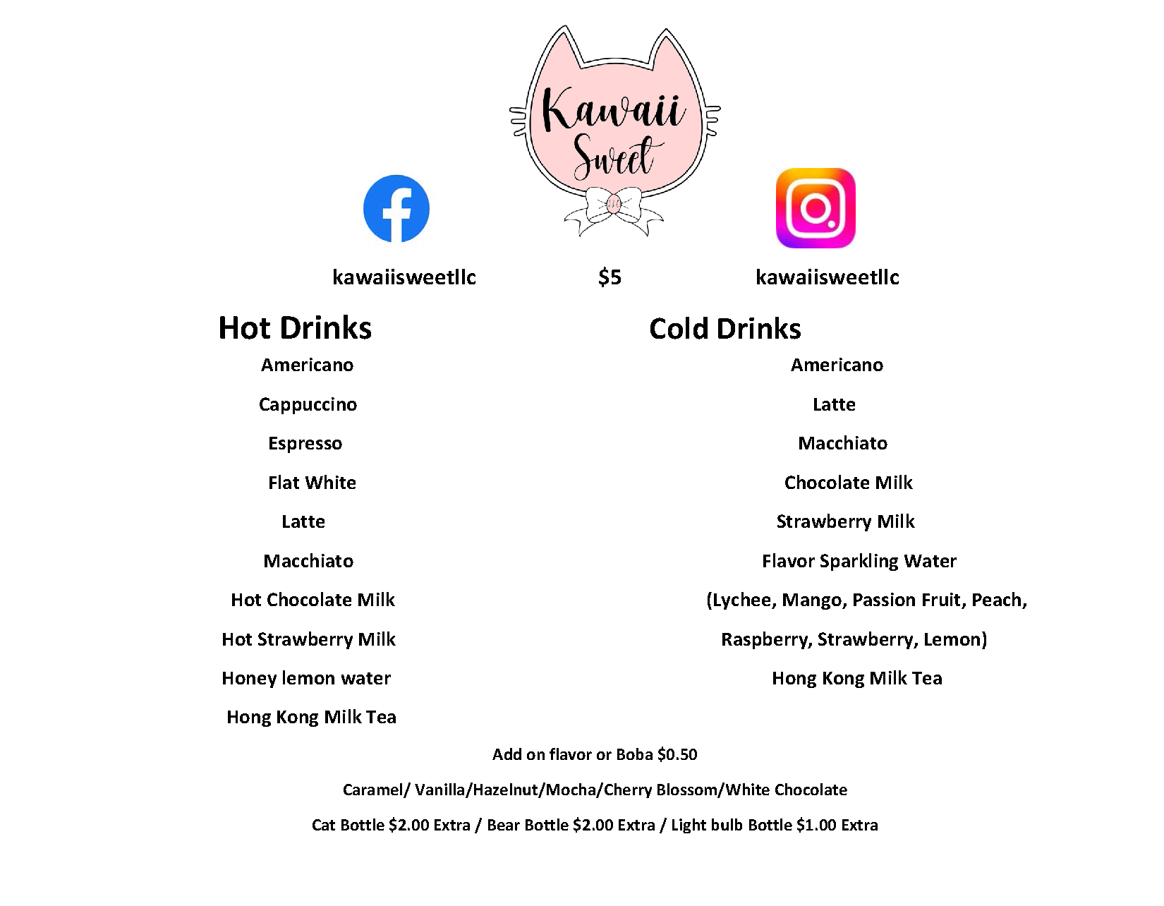 Kawaii Sweet Drinks menu