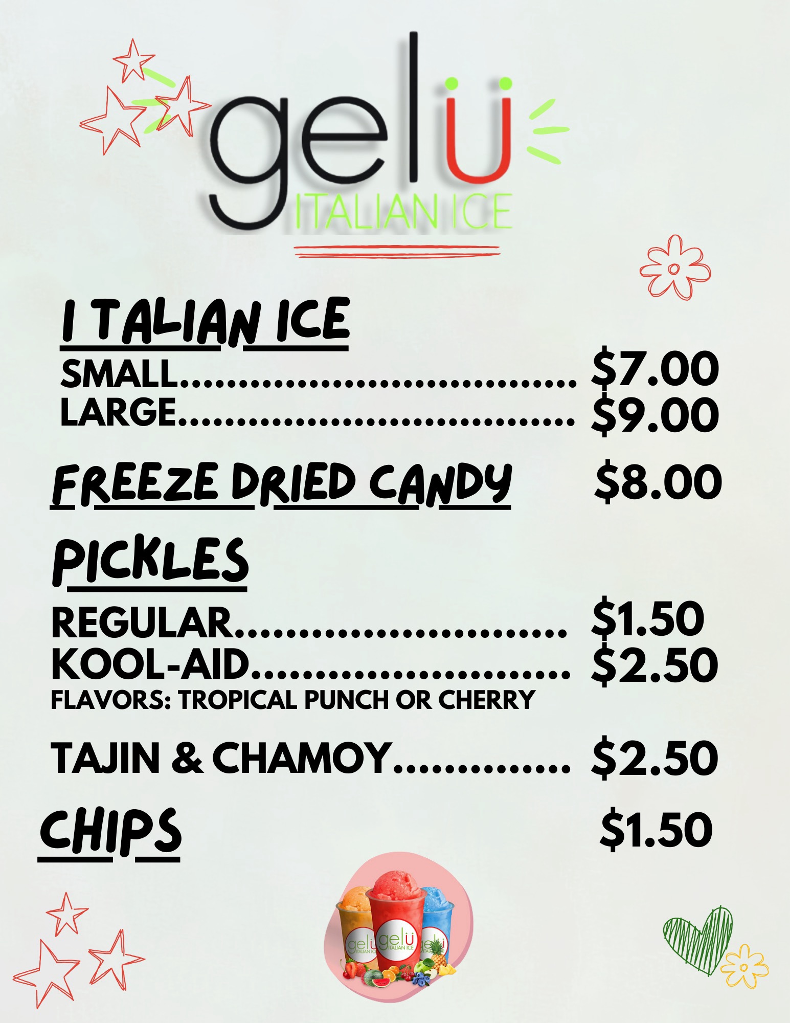 gelu Italian ice menu- June 2024